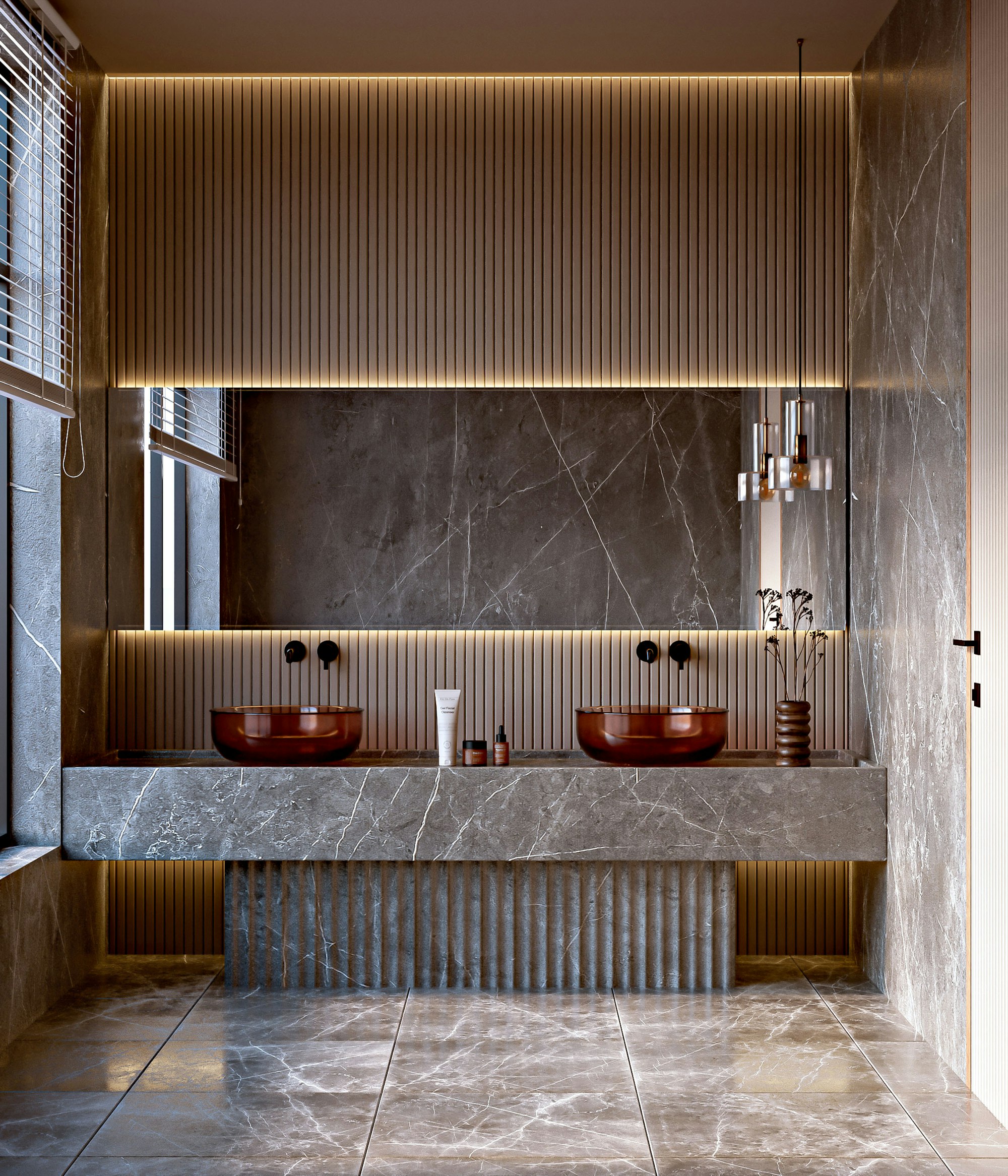Elegant marble bathroom vanity with warm lighting