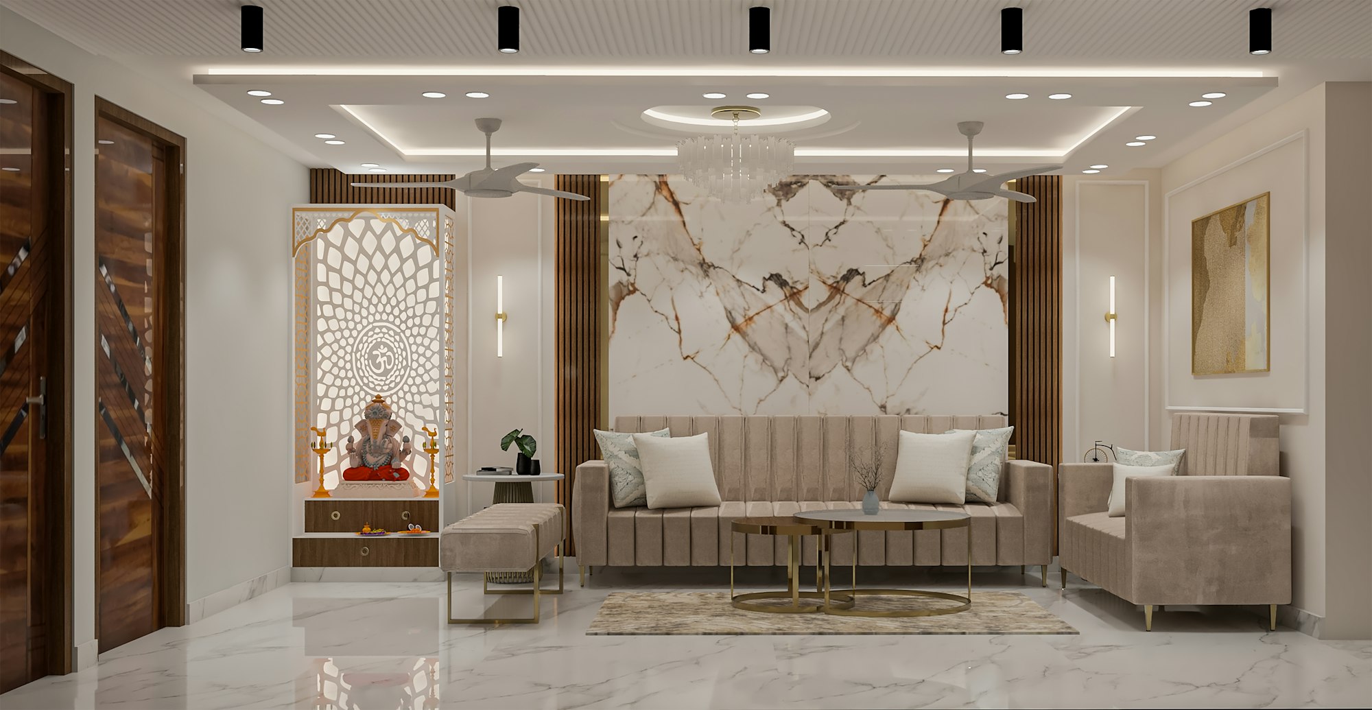 Luxurious modern living room with layered lighting