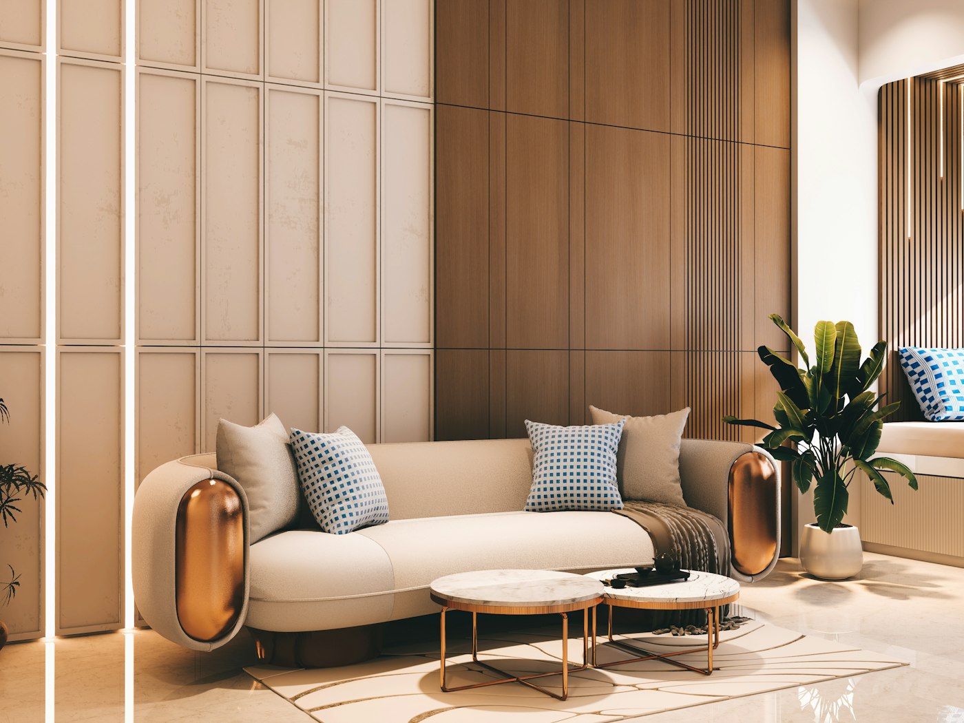 Bright residential living room with cream sofa
